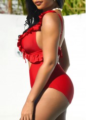 Red swimwear,Plain Color swimwear,Flounce Red Cutout One Piece Swimwear