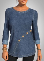 ROTITA Decorative Button Denim Blue Round Neck T Shirt