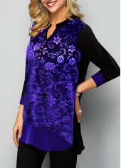 Purple tops,Plain Color tops,ROTITA Purple Velvet Burnout Split Neck Blouse