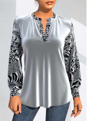 ROTITA Silver Velvet Animal Pattern Split Neck T Shirt