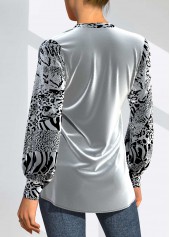 Silvery White tops,Plain Color tops,ROTITA Silver Velvet Animal Pattern Split Neck T Shirt