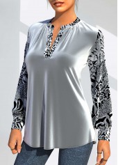 Silvery White tops,Plain Color tops,ROTITA Silver Velvet Animal Pattern Split Neck T Shirt