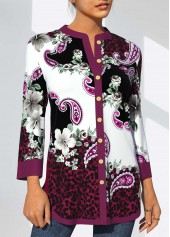Purple tops,Paisley tops,ROTITA Purple Floral and Paisley Print Split Neck Blouse