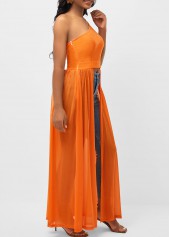 Orange tops,Plain Color tops,ROTITA Orange Fabric Stitching Skew Neck Blouse