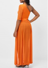 Orange tops,Plain Color tops,ROTITA Orange Fabric Stitching Skew Neck Blouse