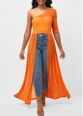 Orange tops,Plain Color tops,ROTITA Orange Fabric Stitching Skew Neck Blouse