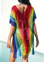 Rainbow Color swimwear,Contrast Color swimwear,ROTITA Side Slit Rainbow Color Tassel Cover Up