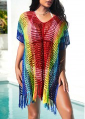 Rainbow Color swimwear,Contrast Color swimwear,ROTITA Side Slit Rainbow Color Tassel Cover Up