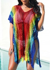 Rainbow Color swimwear,Contrast Color swimwear,ROTITA Side Slit Rainbow Color Tassel Cover Up