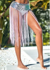 White swimwear,Plain Color swimwear,Tassel Sequin White Mid Waist Beach Skirt