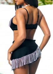 Black swimwear,Contrast Color swimwear,ROTITA Black Tie Side Tassel High Waisted Bikini Set
