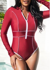 Wine Red swimwear,Contrast Color swimwear,ROTITA Wine Red Quarter Zip Long Sleeve One Piece Swimwear