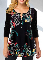 ROTITA Floral Print Split Neck Long Sleeve Black Blouse