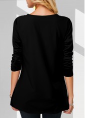 Black tops,Floral tops,ROTITA Floral Print Split Neck Long Sleeve Black Blouse