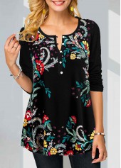 Black tops,Floral tops,ROTITA Floral Print Split Neck Long Sleeve Black Blouse