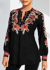 Black tops,Tribal tops,ROTITA Tribal Print Black Long Sleeve Blouse