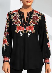 ROTITA Tribal Print Black Long Sleeve Blouse
