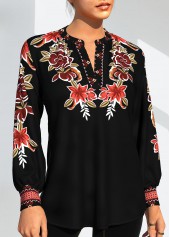 Black tops,Tribal tops,ROTITA Tribal Print Black Long Sleeve Blouse