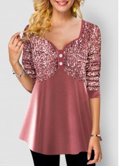 ROTITA Valentines Pink Sequin Velvet Stitching Blouse