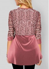 Pink tops,Plain Color tops,ROTITA Valentines Pink Sequin Velvet Stitching Blouse