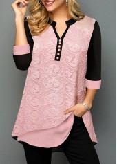 Rotita Valentines rosa Bluse mit Paisley-Spitzennaht und geteiltem Ausschnitt