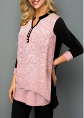 Pink tops,Contrast Color tops,ROTITA Valentines Pink Paisley Lace Stitching Split Neck Blouse
