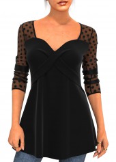 ROTITA Valentines Black Polka Dot Mesh Stitching T Shirt
