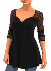 Black tops,Dot tops,ROTITA Valentines Black Polka Dot Mesh Stitching T Shirt