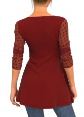 Wine Red tops,Dot tops,ROTITA Valentines Mesh Stitching Polka Dot Wine Red T Shirt