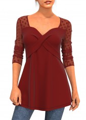 ROTITA Valentines Mesh Stitching Polka Dot Wine Red T Shirt
