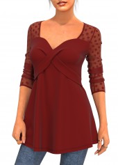 Wine Red tops,Dot tops,ROTITA Valentines Mesh Stitching Polka Dot Wine Red T Shirt