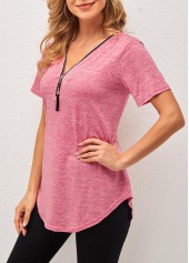 Pink Tassel Detail Short Sleeve V Neck T Shirt