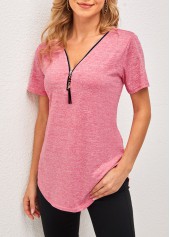 Pink tops,Plain Color tops,Pink Tassel Detail Short Sleeve V Neck T Shirt