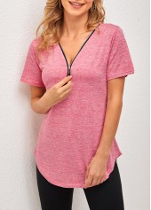 Pink tops,Plain Color tops,Pink Tassel Detail Short Sleeve V Neck T Shirt
