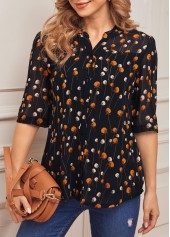 Black tops,Ditsy Floral tops,Floral Print Black Chiffon Split Neck Blouse