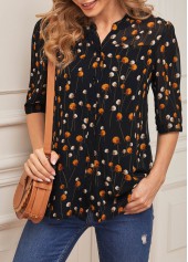 Black tops,Ditsy Floral tops,Floral Print Black Chiffon Split Neck Blouse
