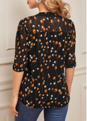 Black tops,Ditsy Floral tops,Floral Print Black Chiffon Split Neck Blouse