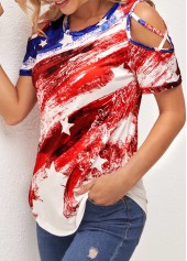 Multi Color tops,Flag tops,Multi Color Cold Shoulder American Flag T Shirt