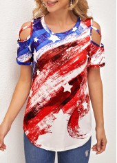 Multi Color tops,Flag tops,Multi Color Cold Shoulder American Flag T Shirt