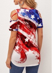 Multi Color tops,Flag tops,Multi Color Cold Shoulder American Flag T Shirt