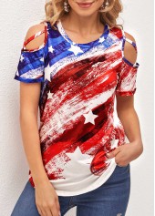 Multi Color Cold Shoulder American Flag T Shirt