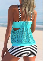 Cyan swimwear,Striped swimwear,ROTITA Striped Lace Stitching Cyan Tankini Set