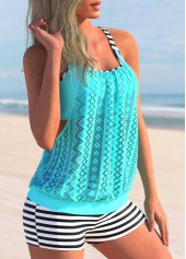 Cyan swimwear,Striped swimwear,ROTITA Striped Lace Stitching Cyan Tankini Set