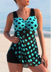Cyan Polka Dot Cross Strap Swimdress Set
