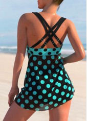 Cyan swimwear,Dot swimwear,ROTITA Cyan Polka Dot Cross Strap Swimdress Top