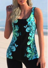 Cyan swimwear,Animal Print swimwear,ROTITA Cyan Butterfly Print Wide Strap Tankini Top