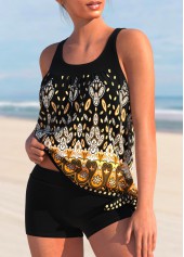 Black swimwear,Tribal swimwear,ROTITA Tribal Print Black Wide Strap Tankini Top