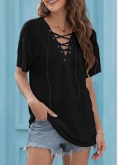 Black V Neck Short Sleeve Lace Up T Shirt