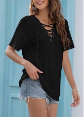 Black tops,Plain Color tops,Black V Neck Short Sleeve Lace Up T Shirt