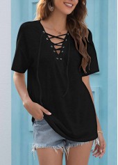 Black tops,Plain Color tops,Black V Neck Short Sleeve Lace Up T Shirt